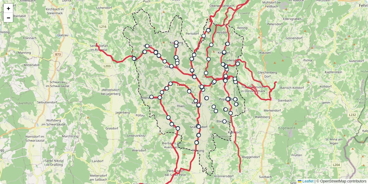 Nahverkehrsnetz in gnas, Österreich - Buslinien, Haltestellen und Verbindungen auf der Karte