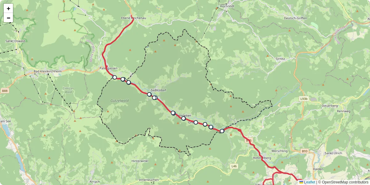 Nahverkehrsnetz in gnesau, Österreich - Buslinien, Haltestellen und Verbindungen auf der Karte