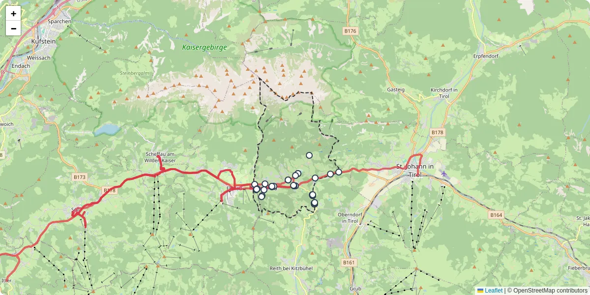 Nahverkehrsnetz in going-am-wilden-kaiser, Österreich - Buslinien, Haltestellen und Verbindungen auf der Karte