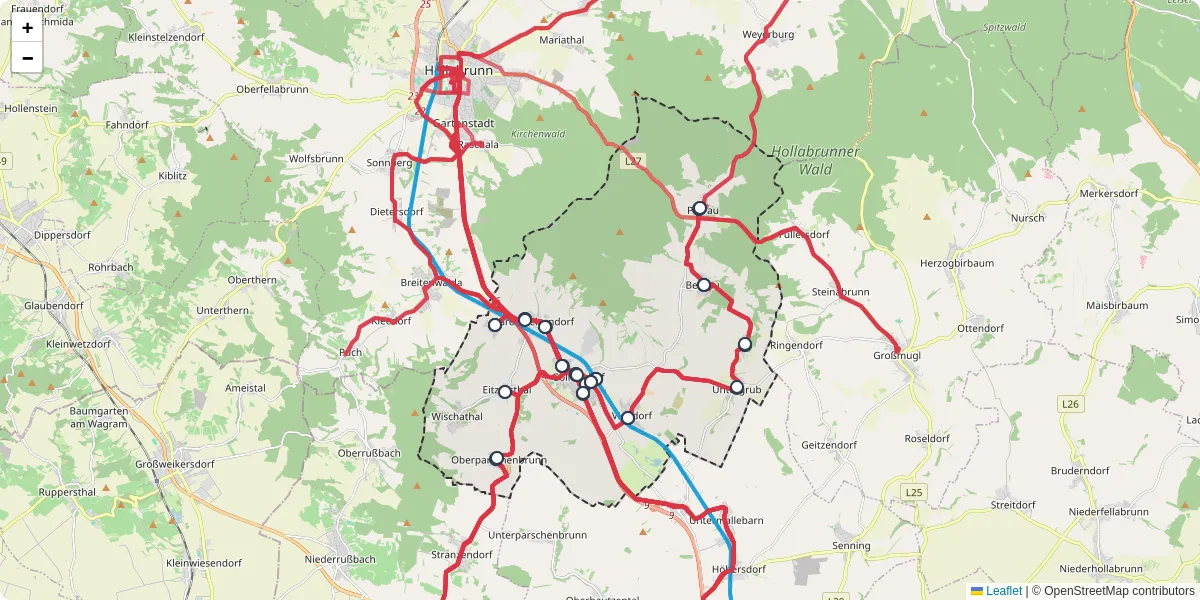 Nahverkehrsnetz in gollersdorf, Österreich - Buslinien, Haltestellen und Verbindungen auf der Karte
