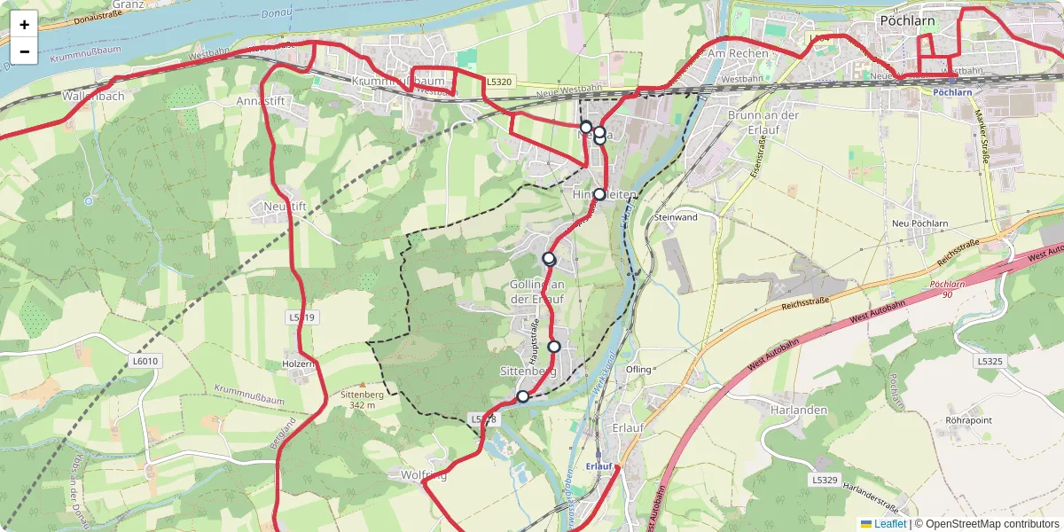 Nahverkehrsnetz in golling-an-der-erlauf, Österreich - Buslinien, Haltestellen und Verbindungen auf der Karte
