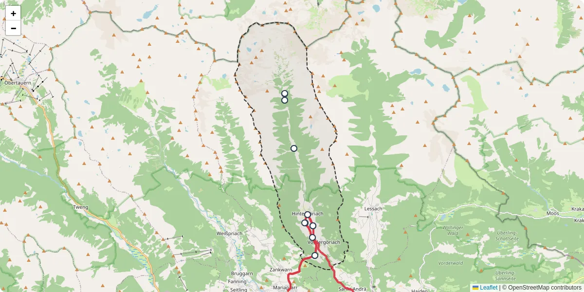Nahverkehrsnetz in goriach, Österreich - Buslinien, Haltestellen und Verbindungen auf der Karte