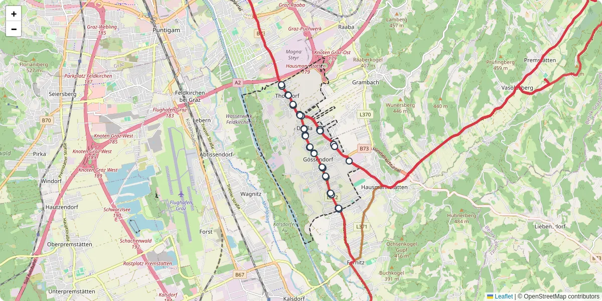 Nahverkehrsnetz in gossendorf, Österreich - Buslinien, Haltestellen und Verbindungen auf der Karte