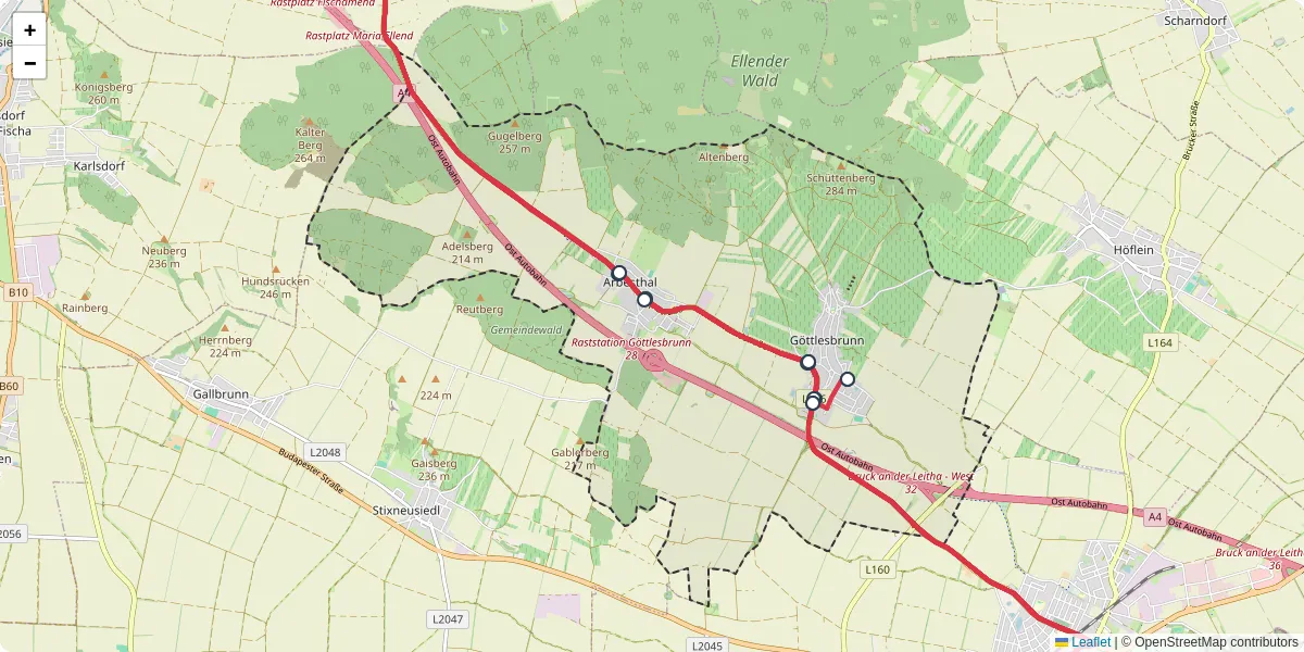 Nahverkehrsnetz in gottlesbrunn-arbesthal, Österreich - Buslinien, Haltestellen und Verbindungen auf der Karte
