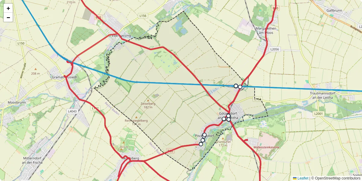 Nahverkehrsnetz in gotzendorf-an-der-leitha, Österreich - Buslinien, Haltestellen und Verbindungen auf der Karte