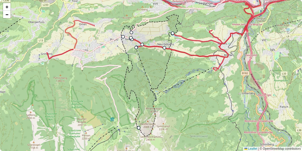 Nahverkehrsnetz in gotzens, Österreich - Buslinien, Haltestellen und Verbindungen auf der Karte