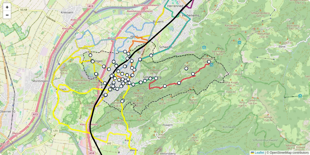 Nahverkehrsnetz in gotzis, Österreich - Buslinien, Haltestellen und Verbindungen auf der Karte