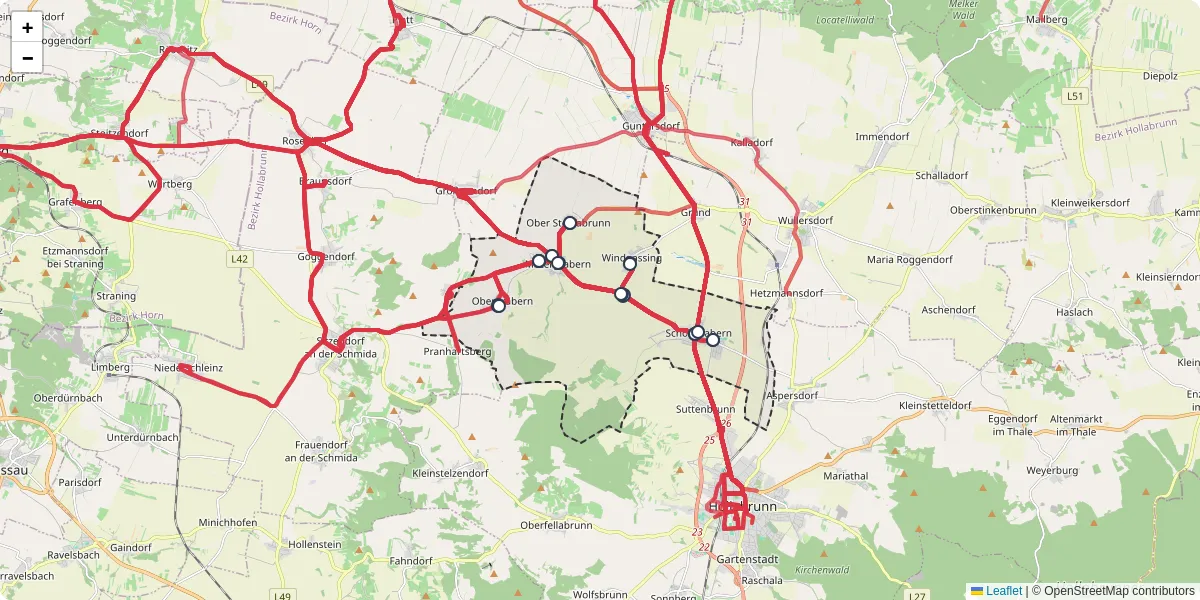Nahverkehrsnetz in grabern, Österreich - Buslinien, Haltestellen und Verbindungen auf der Karte