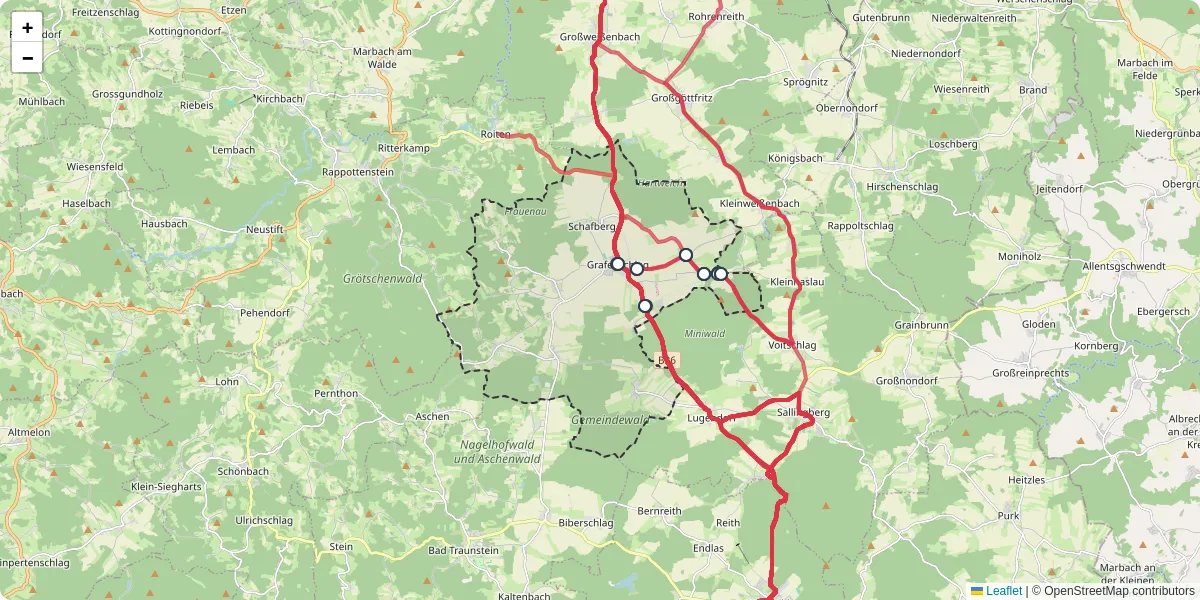 Nahverkehrsnetz in grafenschlag, Österreich - Buslinien, Haltestellen und Verbindungen auf der Karte