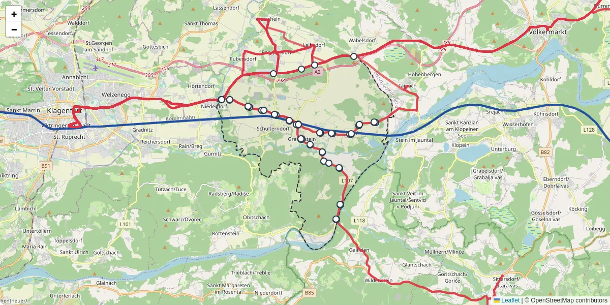 Nahverkehrsnetz in grafenstein, Österreich - Buslinien, Haltestellen und Verbindungen auf der Karte