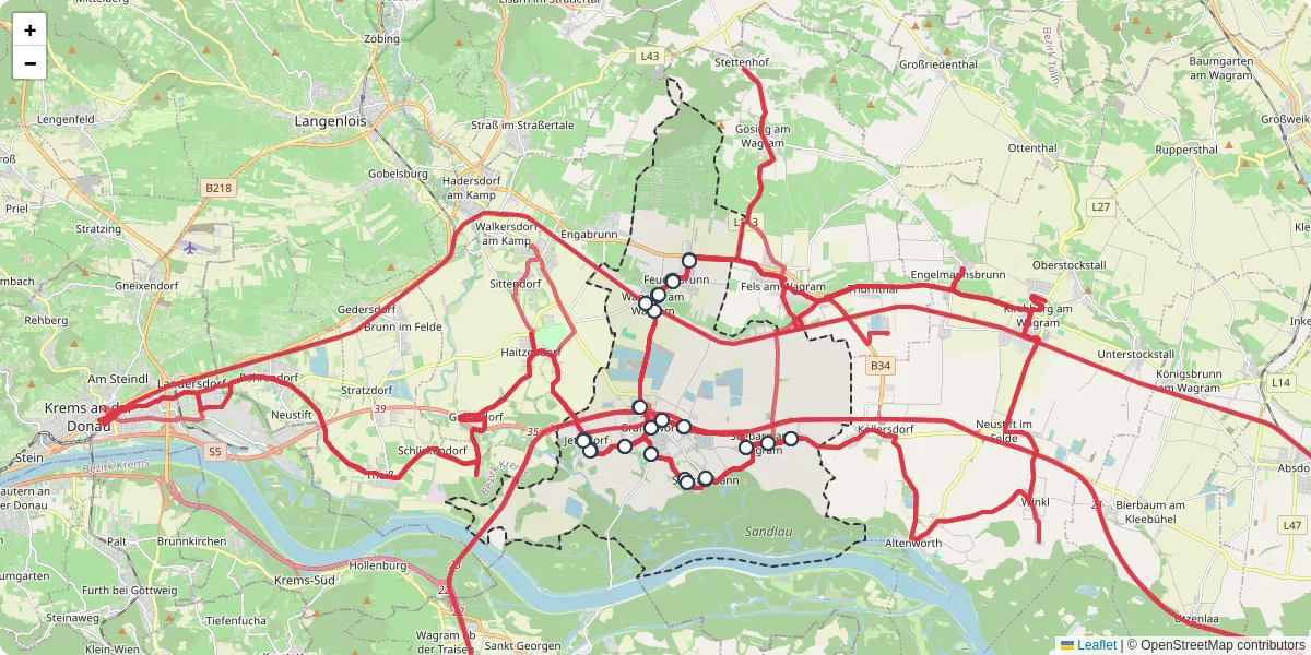 Nahverkehrsnetz in grafenworth, Österreich - Buslinien, Haltestellen und Verbindungen auf der Karte