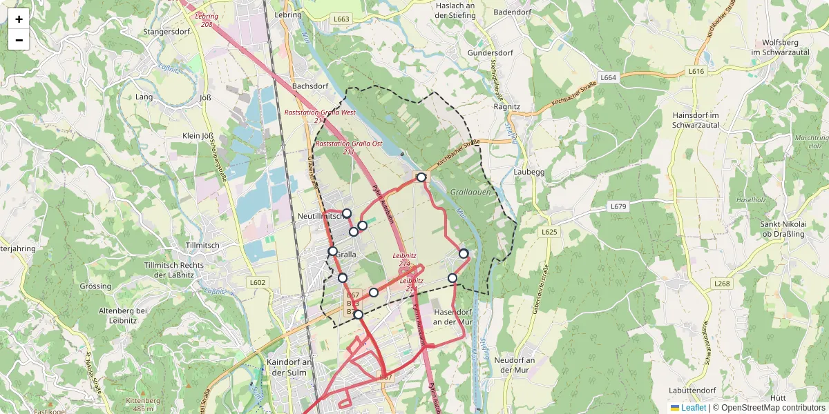 Nahverkehrsnetz in gralla, Österreich - Buslinien, Haltestellen und Verbindungen auf der Karte