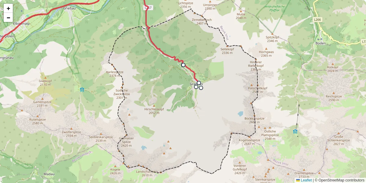 Nahverkehrsnetz in gramais, Österreich - Buslinien, Haltestellen und Verbindungen auf der Karte