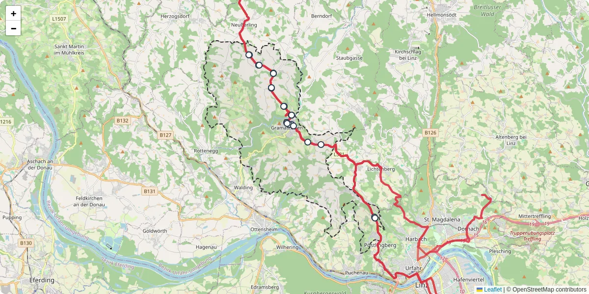 Nahverkehrsnetz in gramastetten, Österreich - Buslinien, Haltestellen und Verbindungen auf der Karte