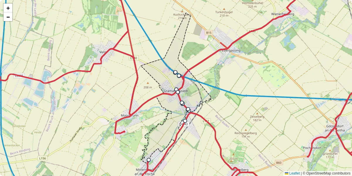Nahverkehrsnetz in gramatneusiedl, Österreich - Buslinien, Haltestellen und Verbindungen auf der Karte