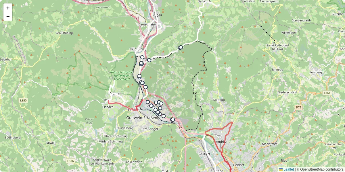 Nahverkehrsnetz in gratkorn, Österreich - Buslinien, Haltestellen und Verbindungen auf der Karte