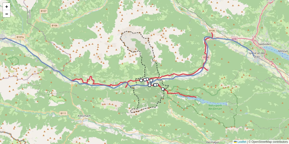 Nahverkehrsnetz in greifenburg, Österreich - Buslinien, Haltestellen und Verbindungen auf der Karte
