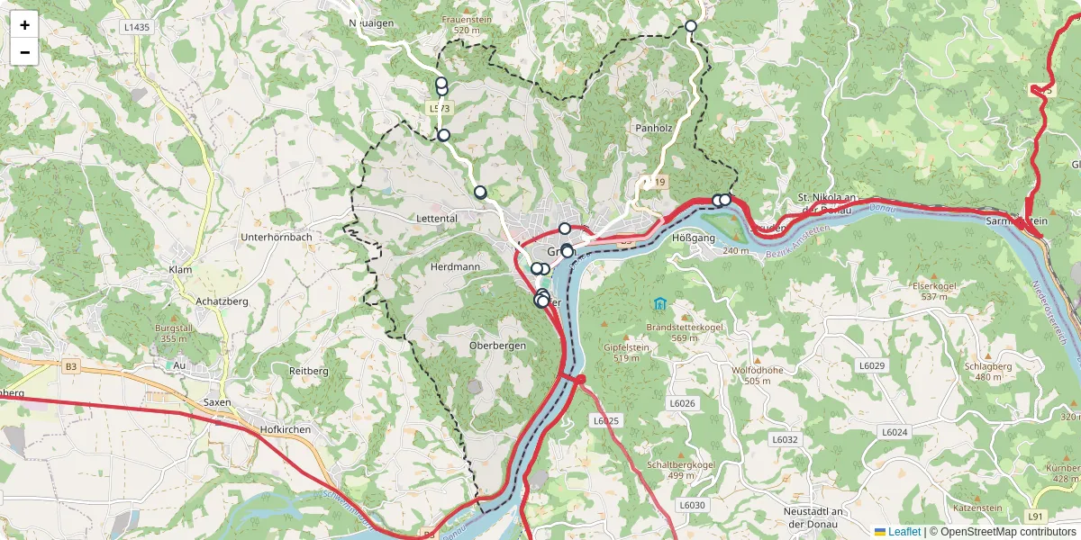 Nahverkehrsnetz in grein, Österreich - Buslinien, Haltestellen und Verbindungen auf der Karte