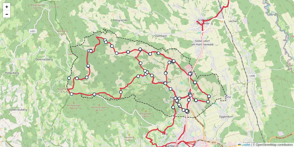 Nahverkehrsnetz in greinbach, Österreich - Buslinien, Haltestellen und Verbindungen auf der Karte