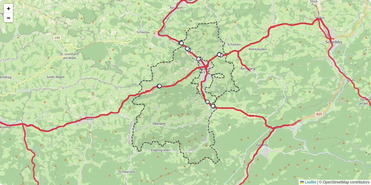 Nahverkehrsnetz in gresten-land, Österreich - Buslinien, Haltestellen und Verbindungen auf der Karte