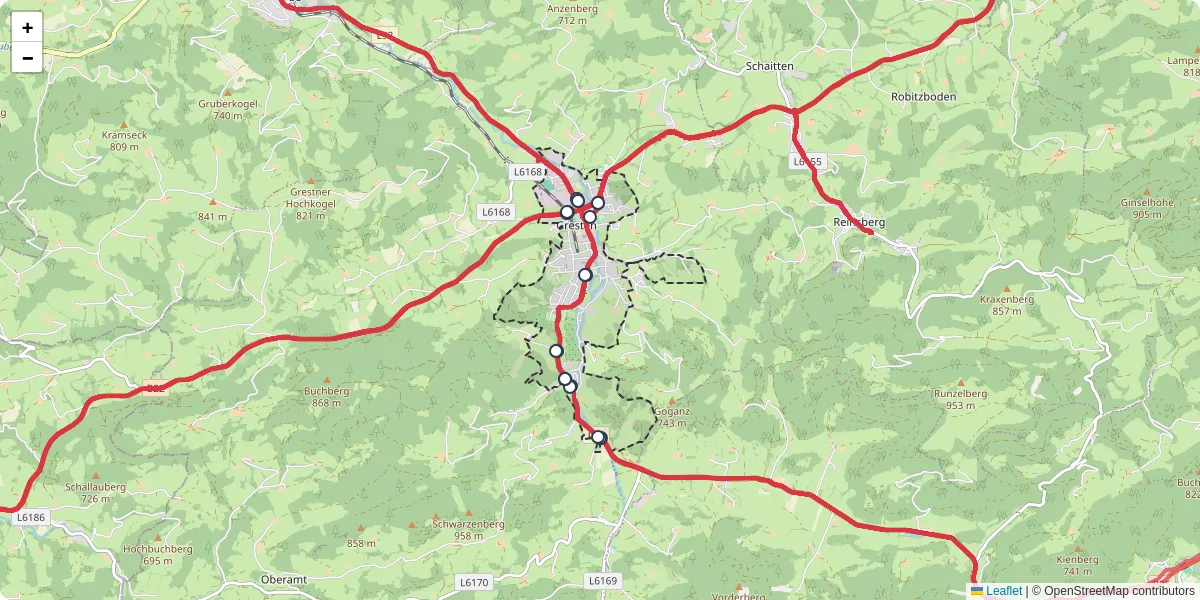 Nahverkehrsnetz in gresten, Österreich - Buslinien, Haltestellen und Verbindungen auf der Karte