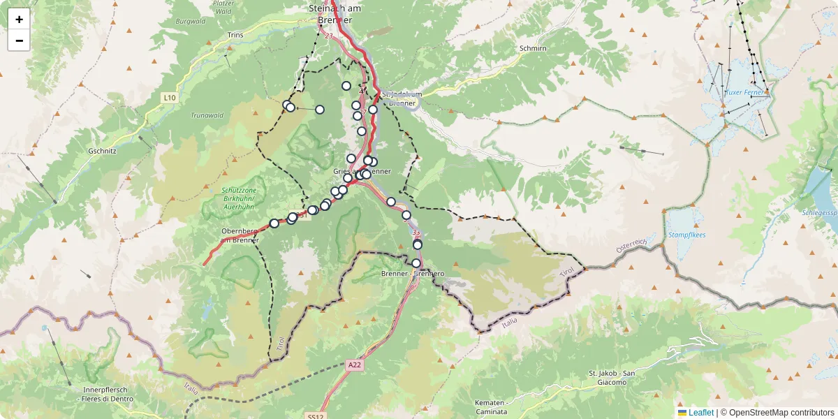 Nahverkehrsnetz in gries-am-brenner, Österreich - Buslinien, Haltestellen und Verbindungen auf der Karte