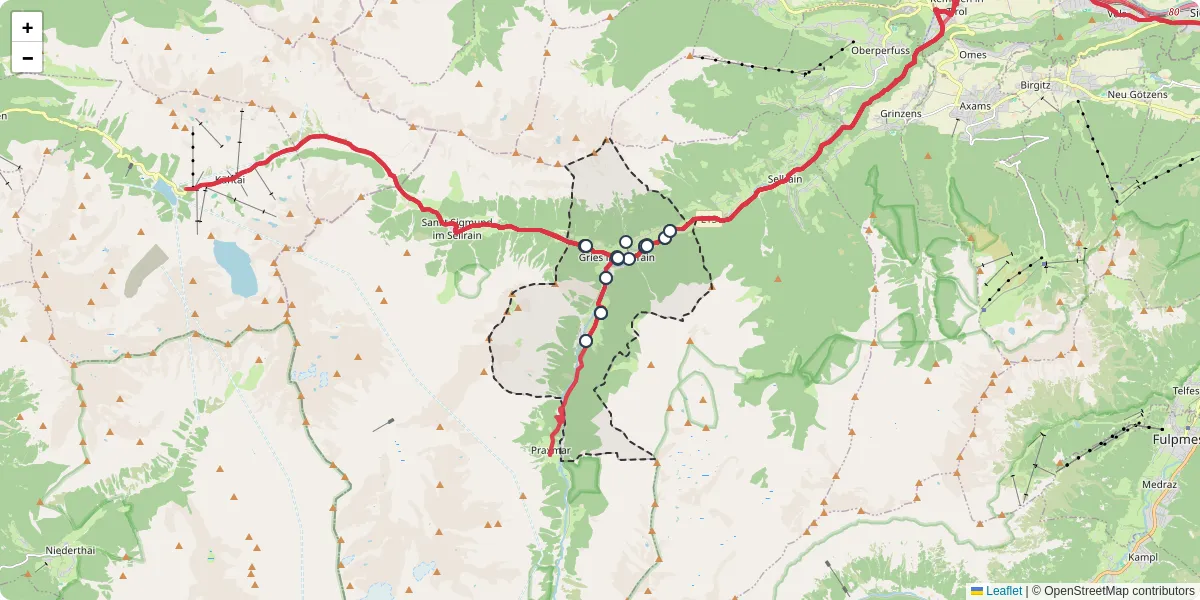 Nahverkehrsnetz in gries-im-sellrain, Österreich - Buslinien, Haltestellen und Verbindungen auf der Karte