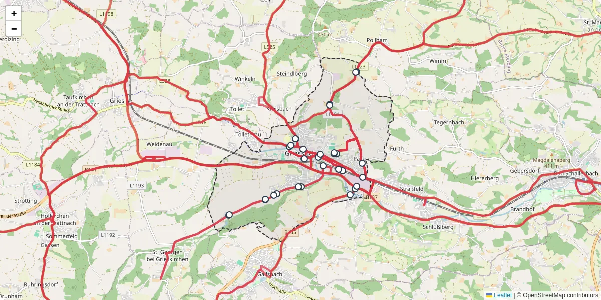 Nahverkehrsnetz in grieskirchen, Österreich - Buslinien, Haltestellen und Verbindungen auf der Karte