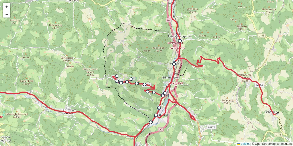 Nahverkehrsnetz in grimmenstein, Österreich - Buslinien, Haltestellen und Verbindungen auf der Karte