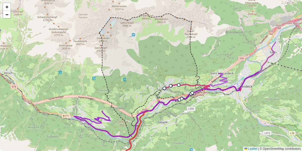 Nahverkehrsnetz in grins, Österreich - Buslinien, Haltestellen und Verbindungen auf der Karte