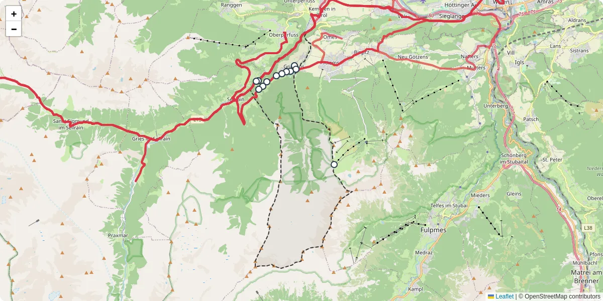 Nahverkehrsnetz in grinzens, Österreich - Buslinien, Haltestellen und Verbindungen auf der Karte
