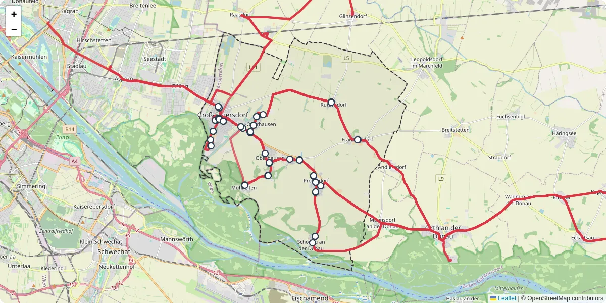 Nahverkehrsnetz in gro-enzersdorf, Österreich - Buslinien, Haltestellen und Verbindungen auf der Karte