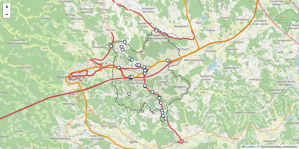 Nahverkehrsnetz in gro-sankt-florian, Österreich - Buslinien, Haltestellen und Verbindungen auf der Karte