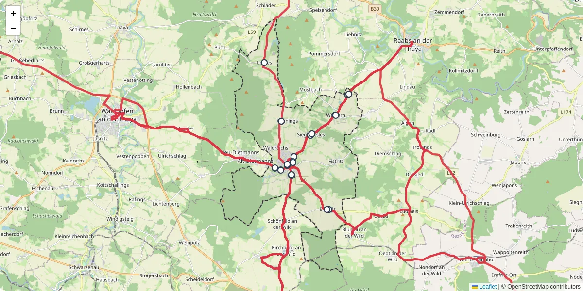 Nahverkehrsnetz in gro-siegharts, Österreich - Buslinien, Haltestellen und Verbindungen auf der Karte