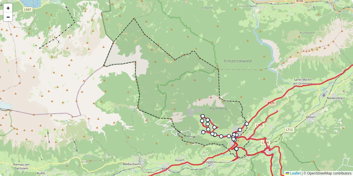 Nahverkehrsnetz in grobming, Österreich - Buslinien, Haltestellen und Verbindungen auf der Karte