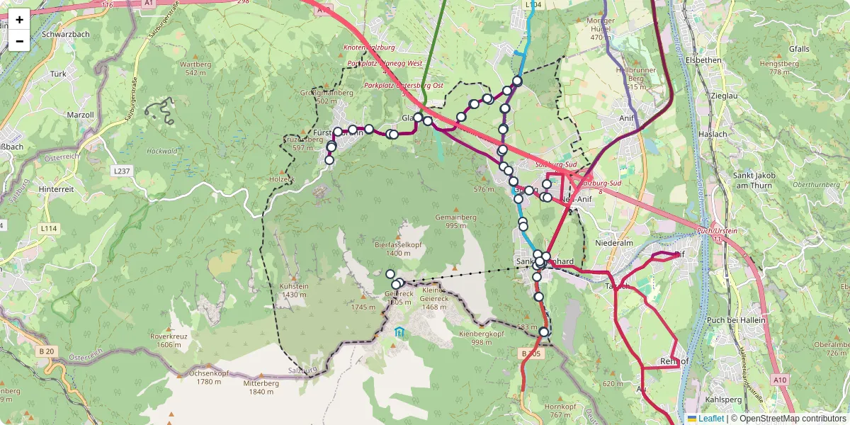 Nahverkehrsnetz in grodig, Österreich - Buslinien, Haltestellen und Verbindungen auf der Karte