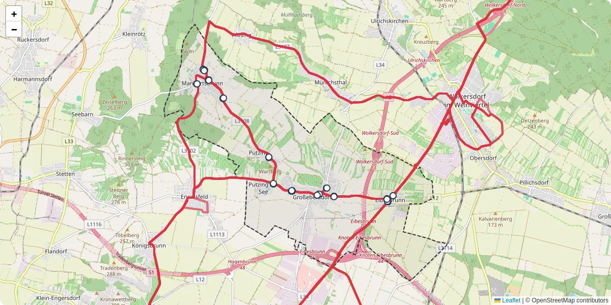 Nahverkehrsnetz in groebersdorf, Österreich - Buslinien, Haltestellen und Verbindungen auf der Karte