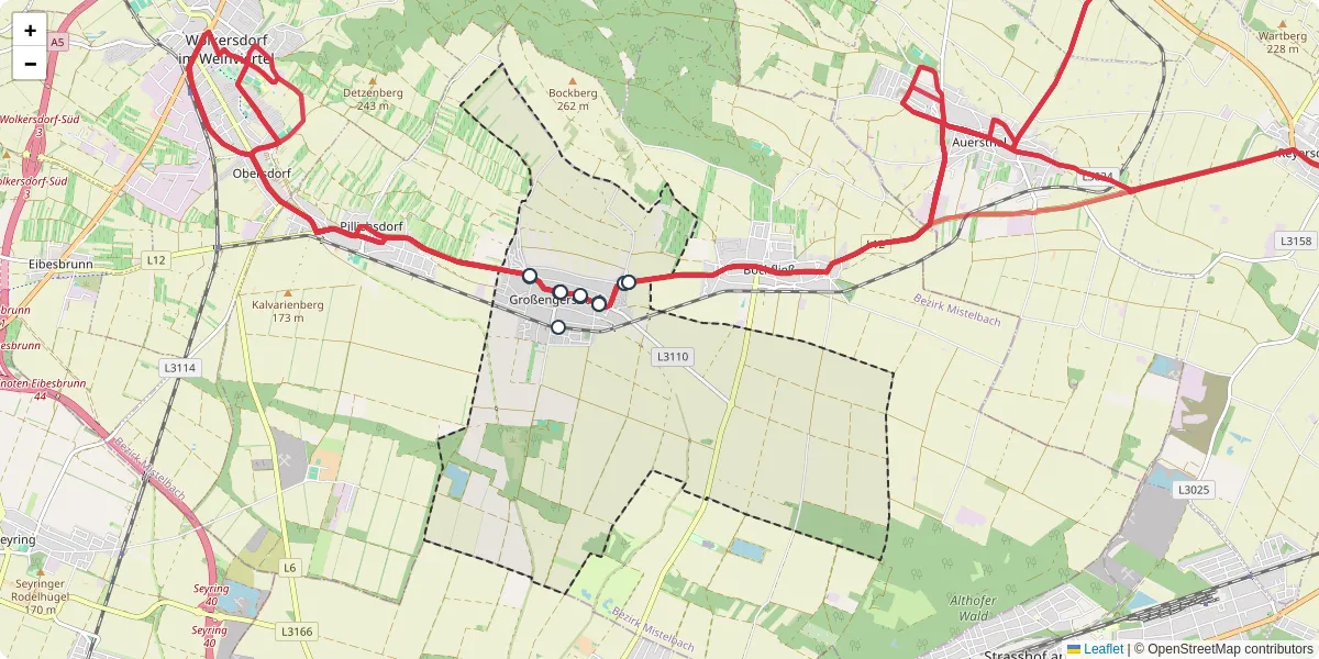 Nahverkehrsnetz in groengersdorf, Österreich - Buslinien, Haltestellen und Verbindungen auf der Karte