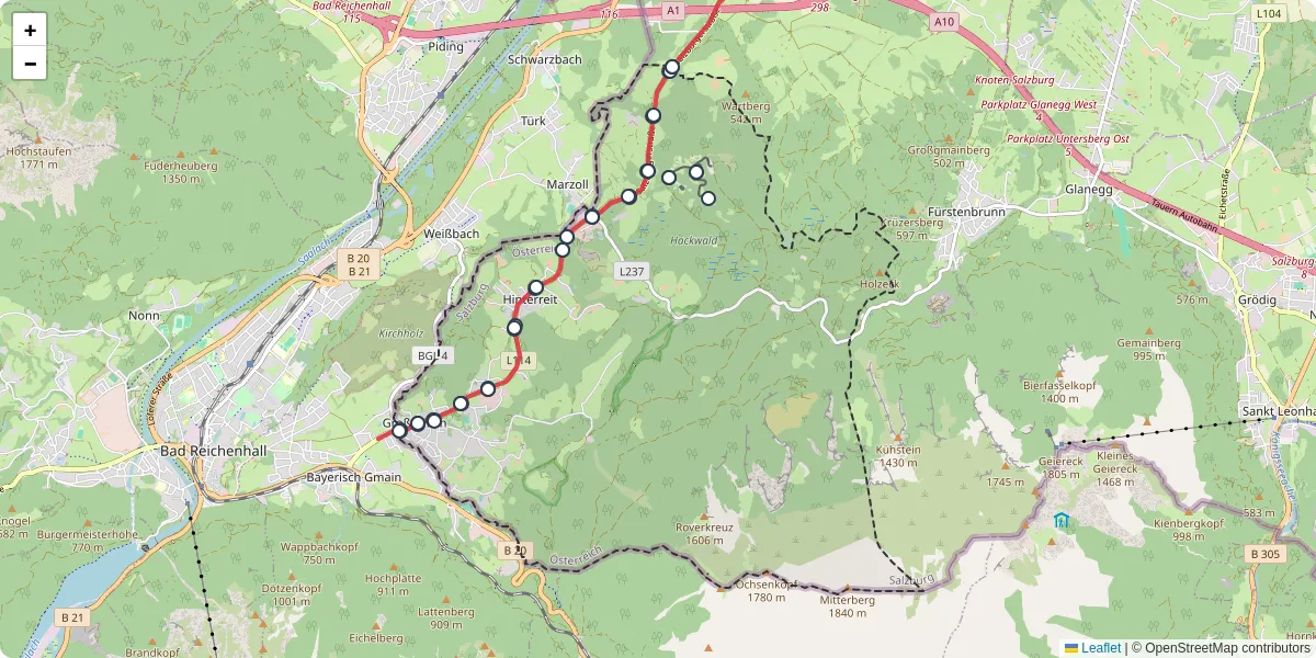 Nahverkehrsnetz in grogmain, Österreich - Buslinien, Haltestellen und Verbindungen auf der Karte