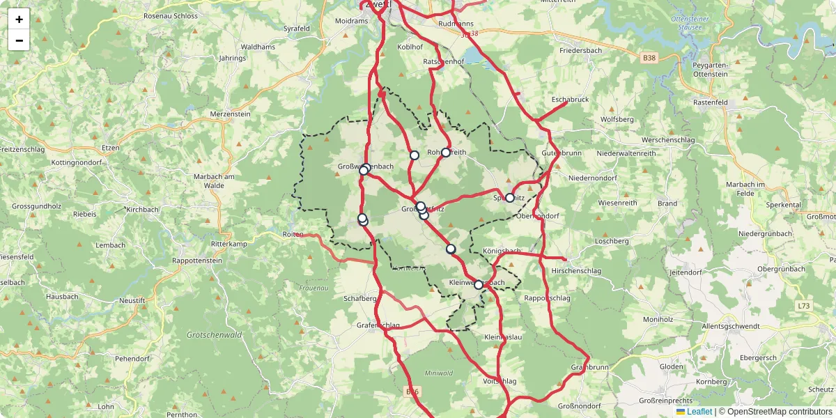 Nahverkehrsnetz in grogottfritz, Österreich - Buslinien, Haltestellen und Verbindungen auf der Karte