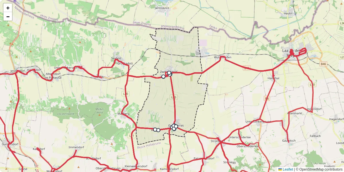 Nahverkehrsnetz in groharras, Österreich - Buslinien, Haltestellen und Verbindungen auf der Karte