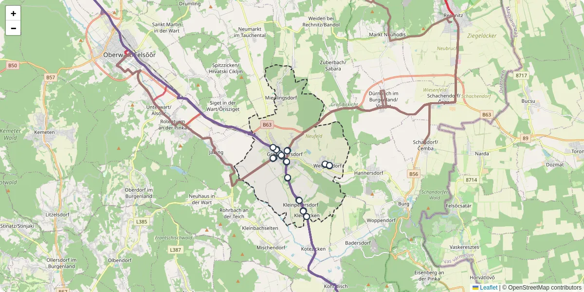 Nahverkehrsnetz in gropetersdorf, Österreich - Buslinien, Haltestellen und Verbindungen auf der Karte