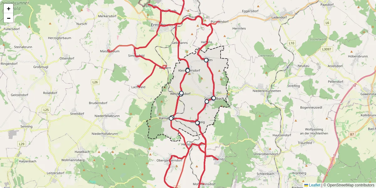 Nahverkehrsnetz in grorubach, Österreich - Buslinien, Haltestellen und Verbindungen auf der Karte