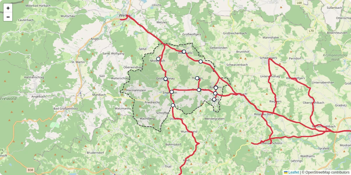 Nahverkehrsnetz in groschonau, Österreich - Buslinien, Haltestellen und Verbindungen auf der Karte