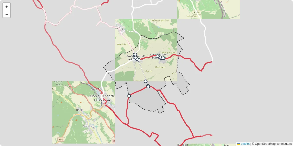 Nahverkehrsnetz in growarasdorfveliki-boristof, Österreich - Buslinien, Haltestellen und Verbindungen auf der Karte