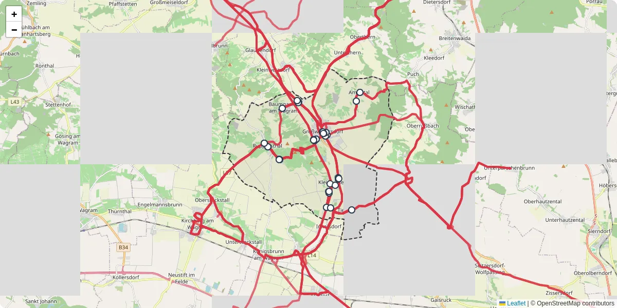 Nahverkehrsnetz in groweikersdorf, Österreich - Buslinien, Haltestellen und Verbindungen auf der Karte