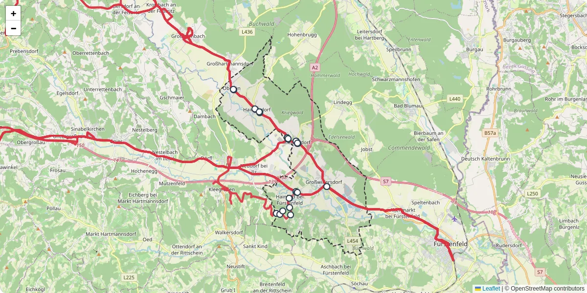 Nahverkehrsnetz in growilfersdorf, Österreich - Buslinien, Haltestellen und Verbindungen auf der Karte