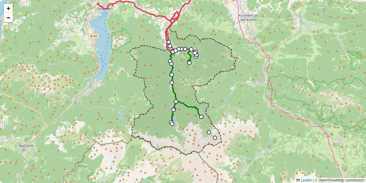 Nahverkehrsnetz in grunau-im-almtal, Österreich - Buslinien, Haltestellen und Verbindungen auf der Karte