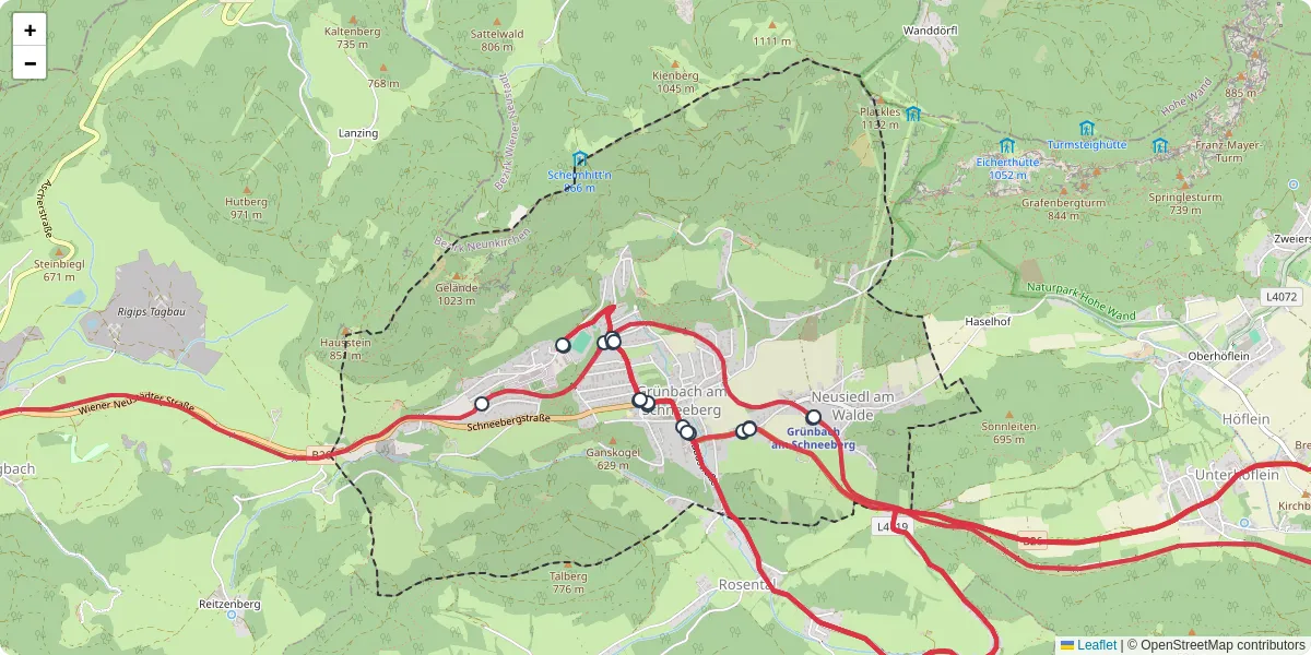 Nahverkehrsnetz in grunbach-am-schneeberg, Österreich - Buslinien, Haltestellen und Verbindungen auf der Karte