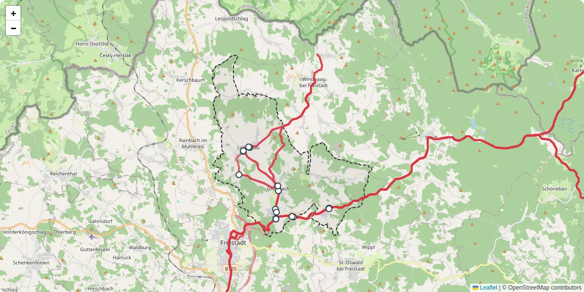 Nahverkehrsnetz in grunbach, Österreich - Buslinien, Haltestellen und Verbindungen auf der Karte